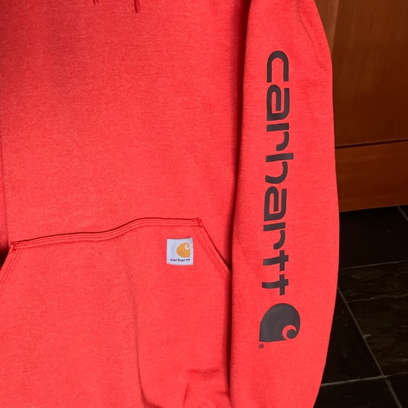 Men's light red Carhartt hoodie with black sleeve lettering. Size M - Picture 2 of 5